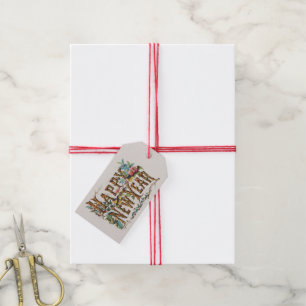 Gelukkig Nieuwjaar in Boomstammen, Eikels en Bloem Cadeaulabel
