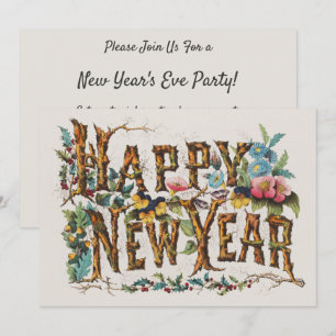 Gelukkig nieuwjaar in boomstammen, eikels en bloem kaart