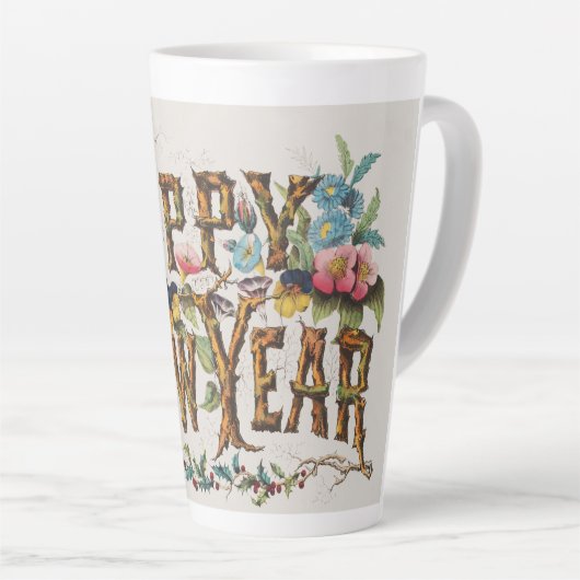 Gelukkig nieuwjaar in boomstammen, eikels en bloem latte mok (Rechterhoek)