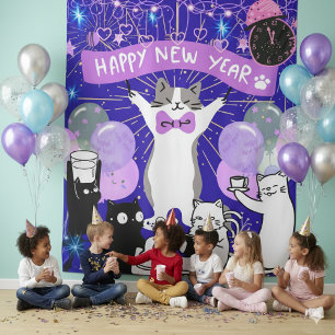 Gelukkig Nieuwjaar Kat Feest Blauw & Paars Achterg Wandkleed