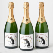 Gelukkig Nieuwjaar Kat met Champagne Sparkling Wijnetiket (Flessen)