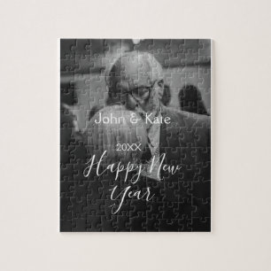 Gelukkig nieuwjaar koppel foto naam jaar zwart wit legpuzzel