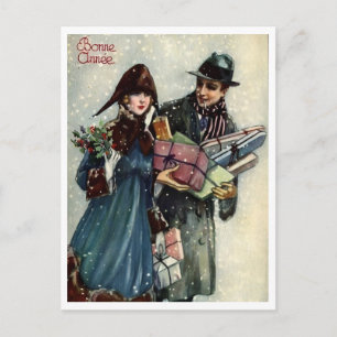 Gelukkig Nieuwjaar Koppel Frans Retro Vintage Briefkaart