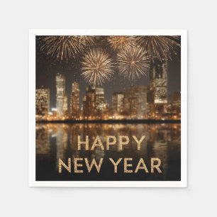 "Gelukkig Nieuwjaar" met vuurwerk boven een stad Servet