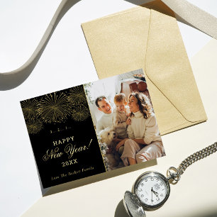 Gelukkig nieuwjaar! Modern Fireworks Photo Real Folie Feestdagenkaart