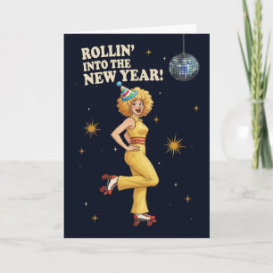Gelukkig Nieuwjaar Retro Disco Roller Skaten Vrouw Feestdagen Kaart