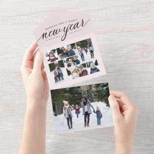 Gelukkig Nieuwjaar roze foto collage driezijdig va All In One Uitnodiging