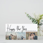 Gelukkig Nieuwjaar Script Drie Foto Modern Feestdagenkaart (Staand voorkant)
