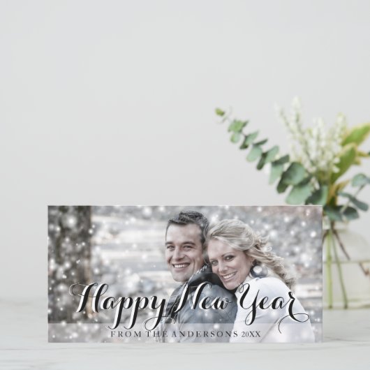 GELUKKIG NIEUWJAAR Script Modern Custom Photo Feestdagenkaart (Staand voorkant)