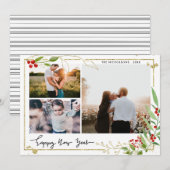 Gelukkig nieuwjaar | Script Red Berry Multi Photo Feestdagenkaart (Voorkant / Achterkant)