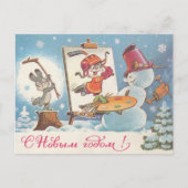 Gelukkig Nieuwjaar Sovjet postkaart met hazen arti (Voorkant)