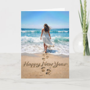 Gelukkig Nieuwjaar Tekst met Strandwandelaar Kaart