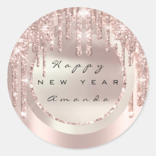 Gelukkig Nieuwjaar Vakantienaam Drips Roos Glitter Ronde Sticker