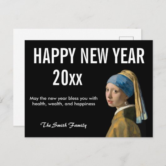 Gelukkig nieuwjaar van het meisje met een parel briefkaart (Voorkant / Achterkant)