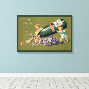 Gelukkig Nieuwjaar, Vintage Engelen met Champagne Canvas Afdruk
