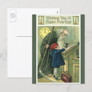 Gelukkig Nieuwjaar, Vintage Vader Tijd Feestdagenkaart