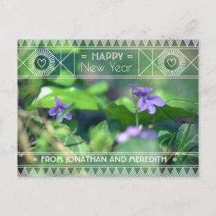 Gelukkig nieuwjaar Violet Green Paarse Floral Art  Briefkaart
