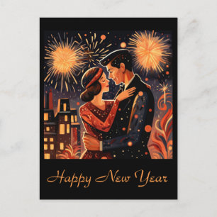  Gelukkig Nieuwjaar Vuurwerk Art Deco Paar Briefkaart