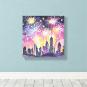 Gelukkig nieuwjaar | Vuurwerk City Night Waterverf Canvas Afdruk (Insitu (Houten vloer))