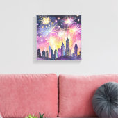 Gelukkig nieuwjaar | Vuurwerk City Night Waterverf Canvas Afdruk (Insitu (Woonkamer))