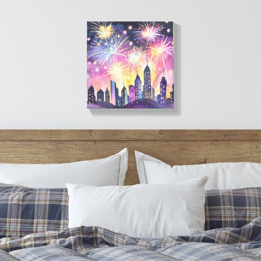 Gelukkig nieuwjaar | Vuurwerk City Night Waterverf Canvas Afdruk (Insitu (Slaapkamer))