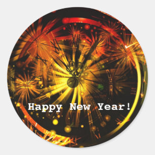 Gelukkig nieuwjaar! Vuurwerk en klok Ronde Sticker