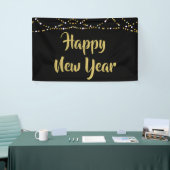 GELUKKIG NIEUWJAAR Zwart en Goud String Lights Spandoek (Beurs)
