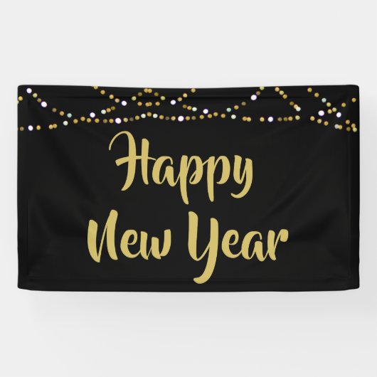 GELUKKIG NIEUWJAAR Zwart en Goud String Lights Spandoek (Horizontaal)