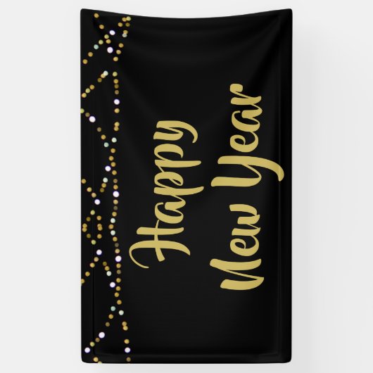 GELUKKIG NIEUWJAAR Zwart en Goud String Lights Spandoek (Verticaal)