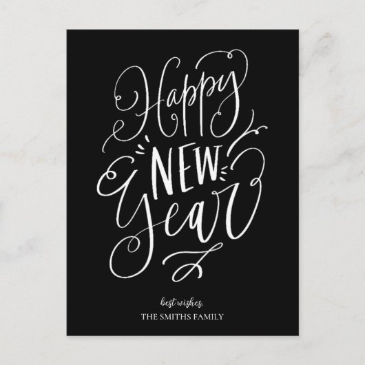 Gelukkig Nieuwjaar Zwart Script Modern Non Photo Feestdagenkaart (Voorkant)