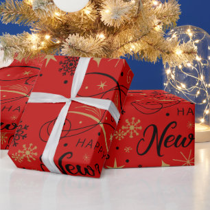 Gelukkig Nieuwjaar Zwarte en Gouden Sneeuwvlok Cadeaupapier