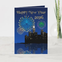 Gelukkig Nieuwjaarsavond Middernacht Vuurwerk Stad