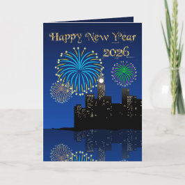 Gelukkig Nieuwjaarsavond Middernacht Vuurwerk Stad Kaart