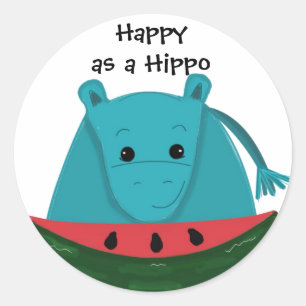 Gelukkig nijlpaard met plak watermeloen ronde sticker