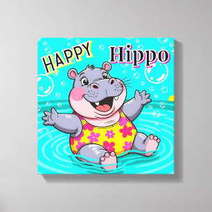 Gelukkig Nijlpaard Mooie Cartoon Kinderkamer Kun Canvas Afdruk