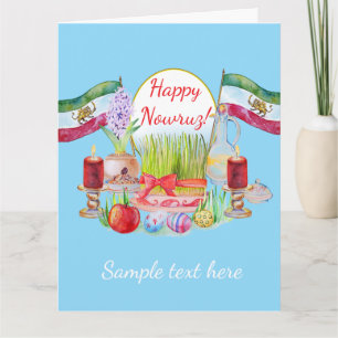 Gelukkig Norooz Haft Sin met Leeuw- en Zonnevlagge Kaart