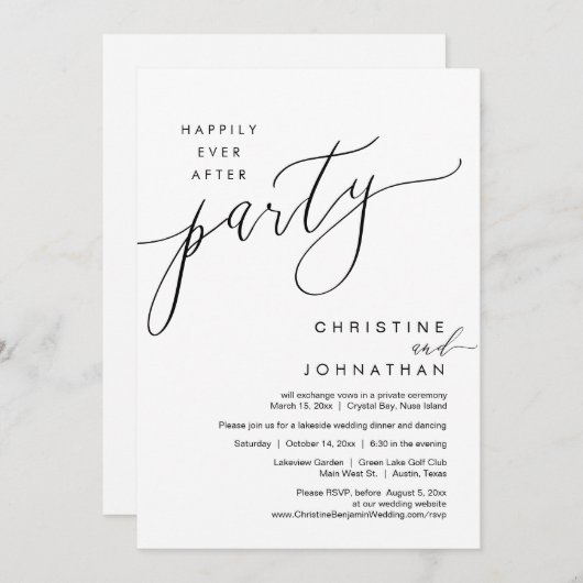 Gelukkig ooit na feest, bruiloft Elopement Script Kaart (Voorkant / Achterkant)