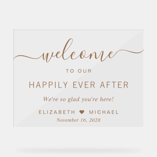 Gelukkig ooit na gouden script bruiloft welkom acryl bord (Voorkant)