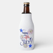 Gelukkig op 4 juli! Met vuurwerk en sterren Flesjeskoeler (Fles Voorkant)