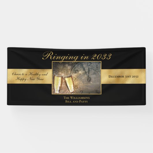 Gelukkig Oud en Nieuw Feestelijke Zwarte Goud Spandoek (Horizontaal)