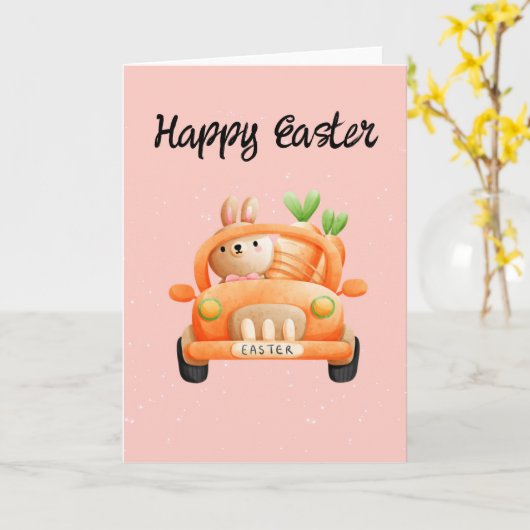Gelukkig paasbroodje op roze kaart (Gele Bloem)