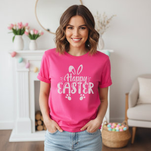 Gelukkig paasroze en witte konijntje t-shirt