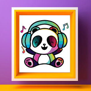 Gelukkig panda met koptelefoon die naar muziek lui foto afdruk