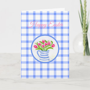 Gelukkig Pasen Aquarel Tulpen Blauw Geruit Feestdagen Kaart