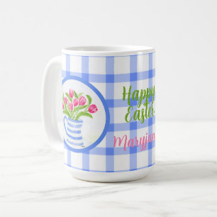 Gelukkig Pasen Aquarel Tulpen Blauw Geruit Koffiemok