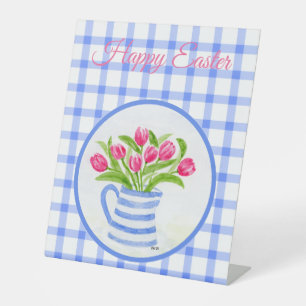 Gelukkig Pasen Aquarel Tulpen Blauw Geruit Reclamebord Met Voetstuk