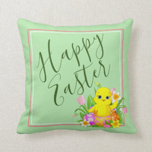 Gelukkig Pasen Baby Chick en Bloemen Kussen