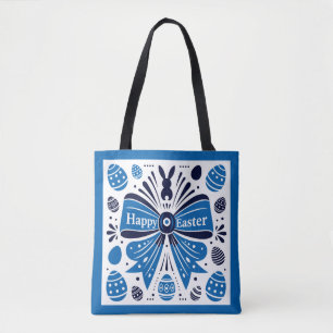 Gelukkig Pasen Blauwe Strik Folk Art Konijn & Eier Draagtas