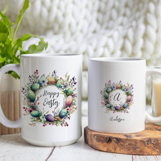 Gelukkig Pasen Bloemen Ei Krans Custom Monogram Koffiemok