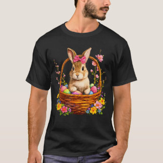 Gelukkig Pasen Dag Konijn Mandje Bloem Retro T-shirt